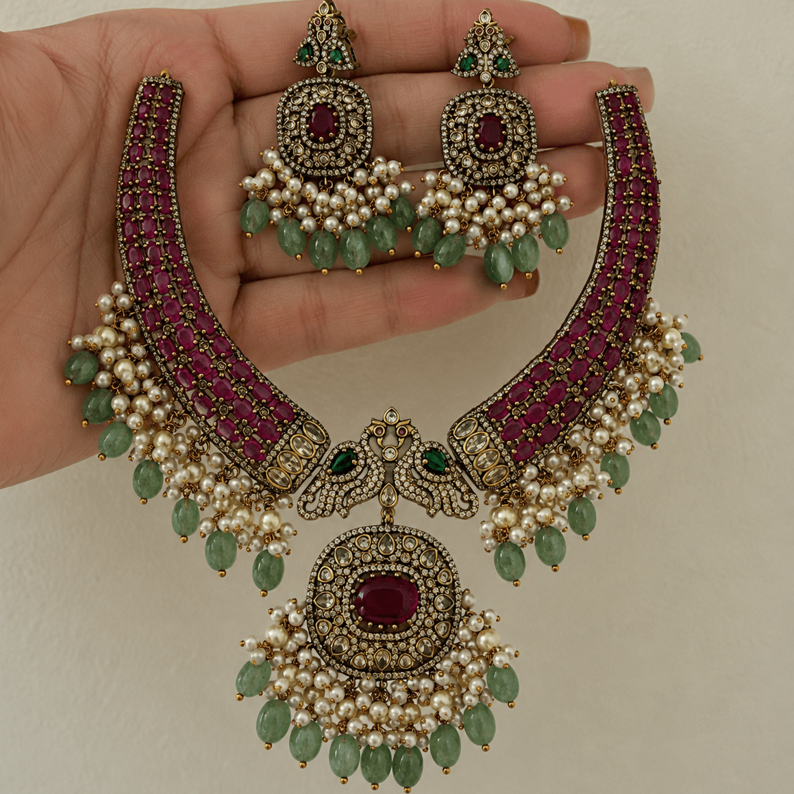 Meher Ruby & Mint Polki Bridal Necklace Set - Vinni’s Jewelry