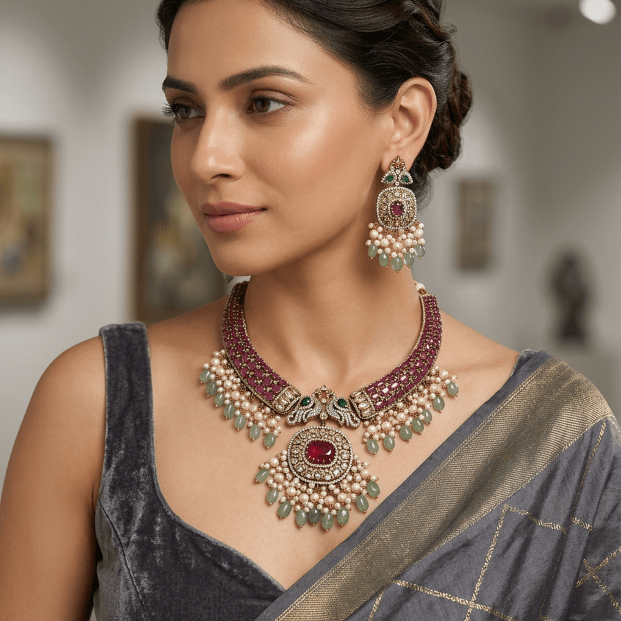 Meher Ruby & Mint Polki Bridal Necklace Set - Vinni’s Jewelry