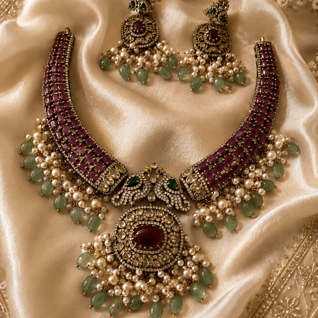 Meher Ruby & Mint Polki Bridal Necklace Set - Vinni’s Jewelry