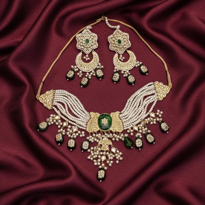 Meherbano Regal Pearl & Emerald Kundan Set - Vinni’s Jewelry