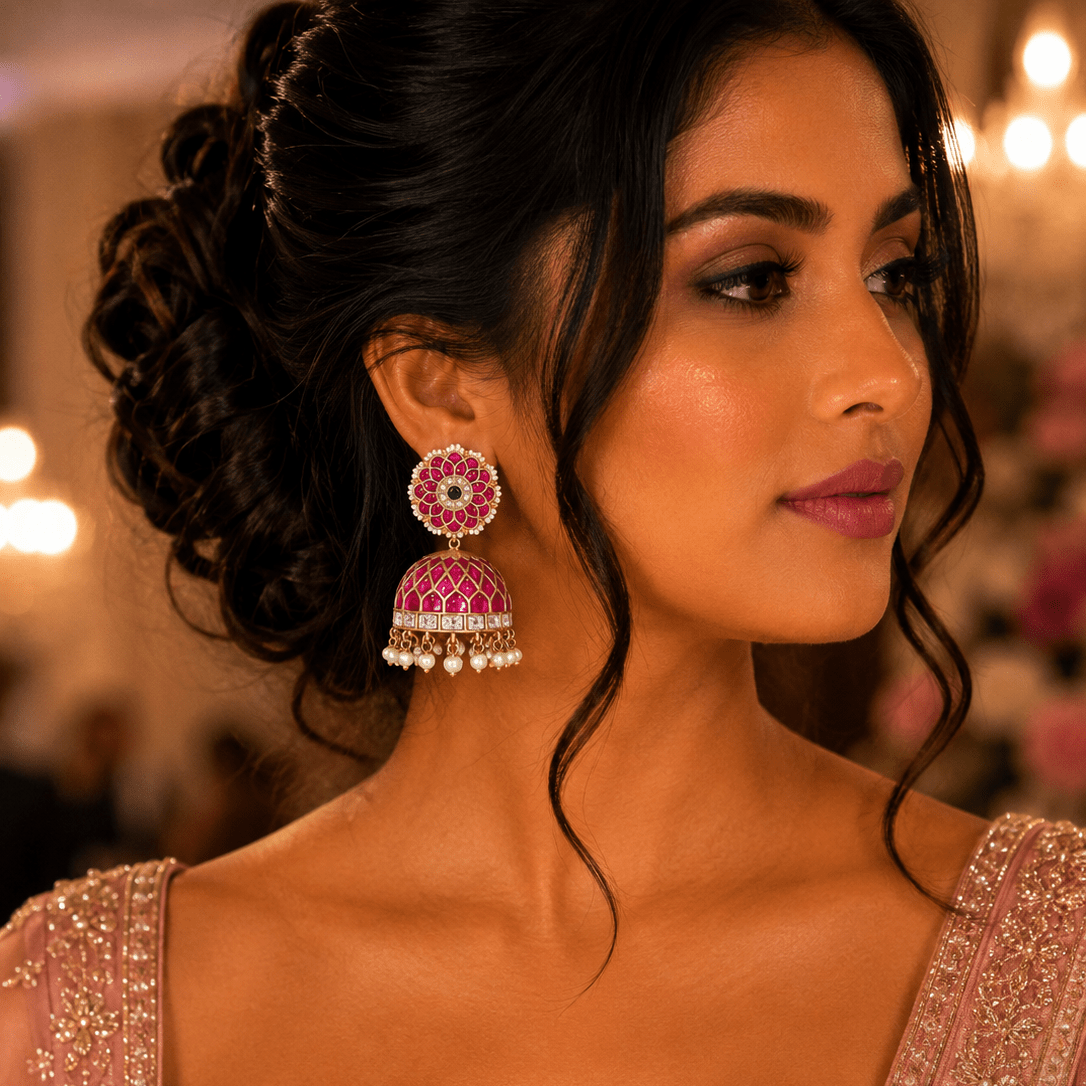 Mehfil Ruby Jhumka Earrings – Kundan & Pearl Dangler - Vinni’s Jewelry