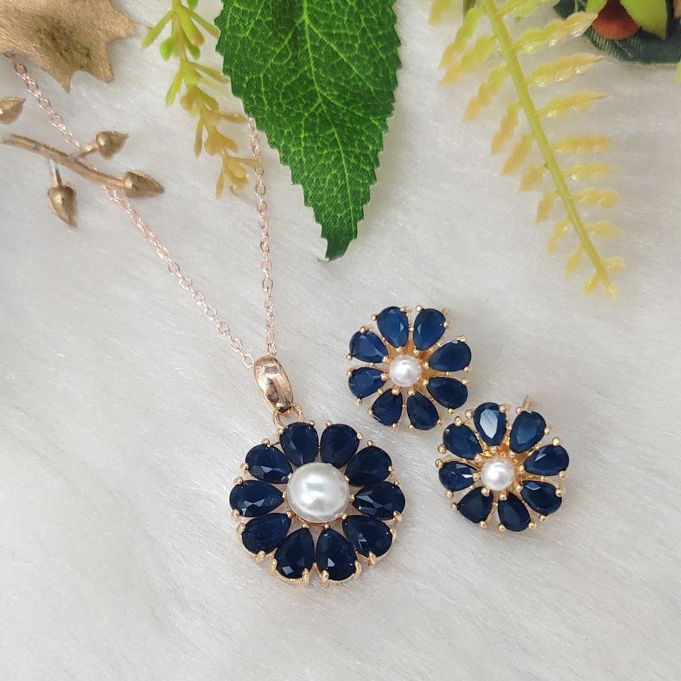 Midnight Bloom Pendant Set – Navy Blue Floral Jewelry with Pearl Center - Vinni’s Jewelry
