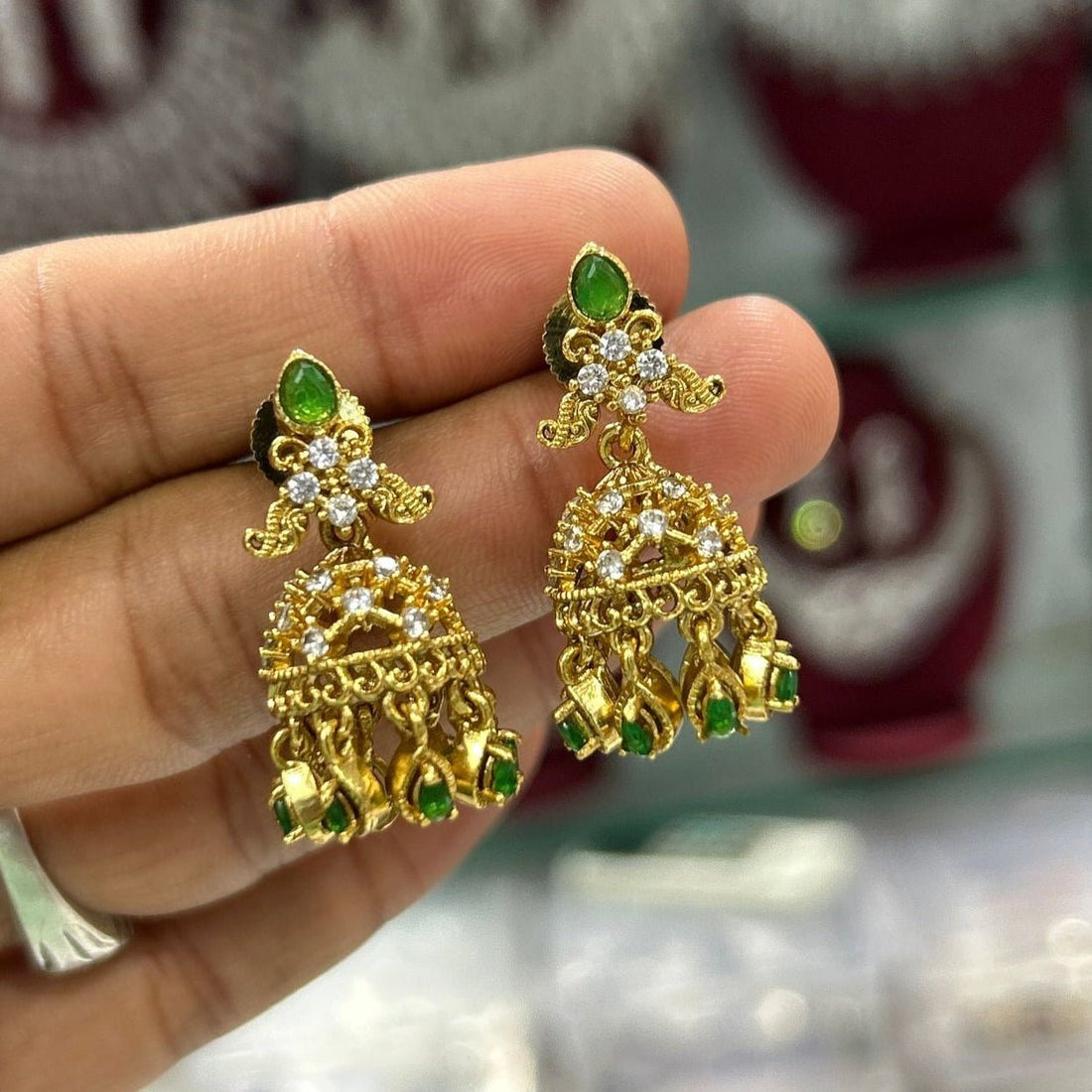 Mini Jhumka Earrings with Emerald Accents - Vinni’s Jewelry