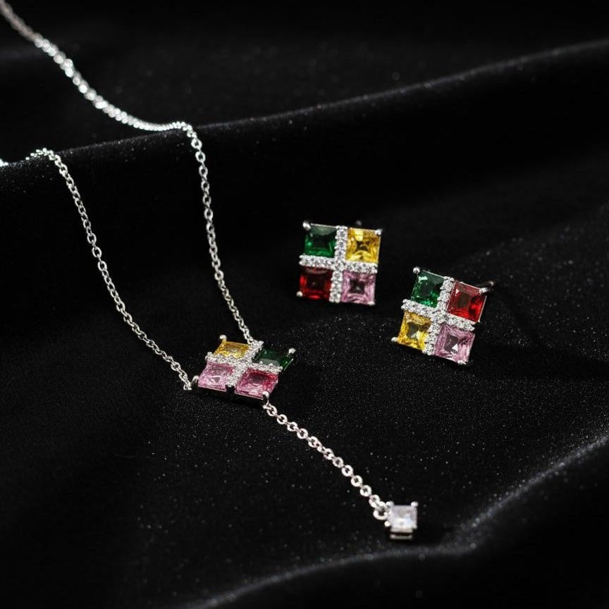 Multicolor Rainbow CZ Stud Necklace Set – Geometric Festive Jewelry - Vinni’s Jewelry