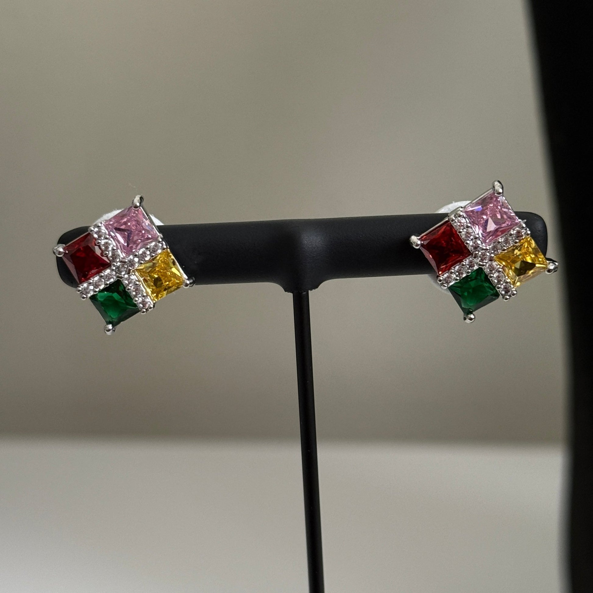 Multicolor Rainbow CZ Stud Necklace Set – Geometric Festive Jewelry - Vinni’s Jewelry