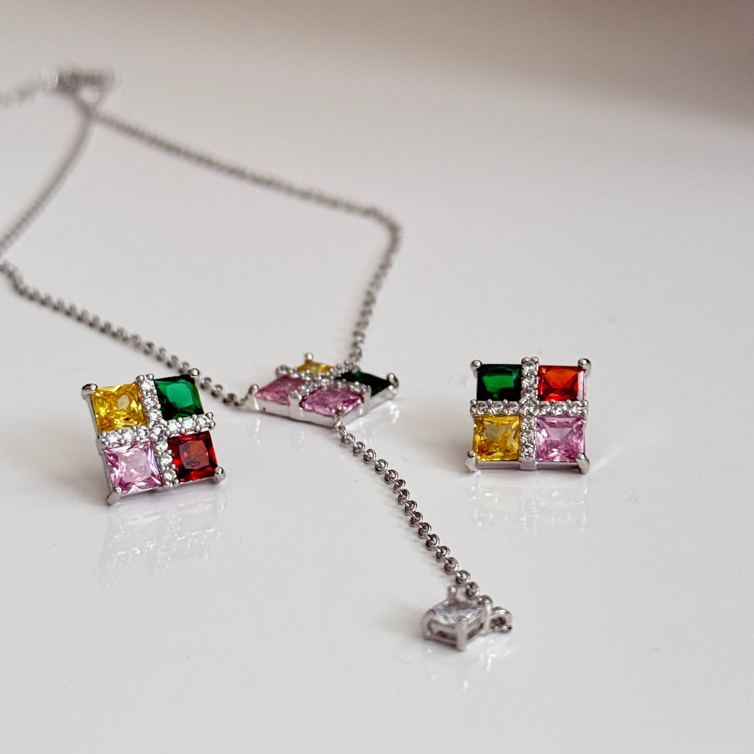 Multicolor Rainbow CZ Stud Necklace Set – Geometric Festive Jewelry - Vinni’s Jewelry