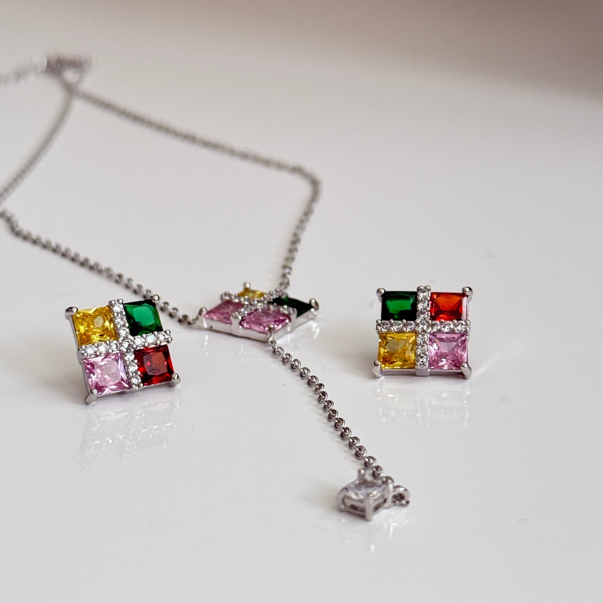 Multicolor Rainbow CZ Stud Necklace Set – Geometric Festive Jewelry - Vinni’s Jewelry