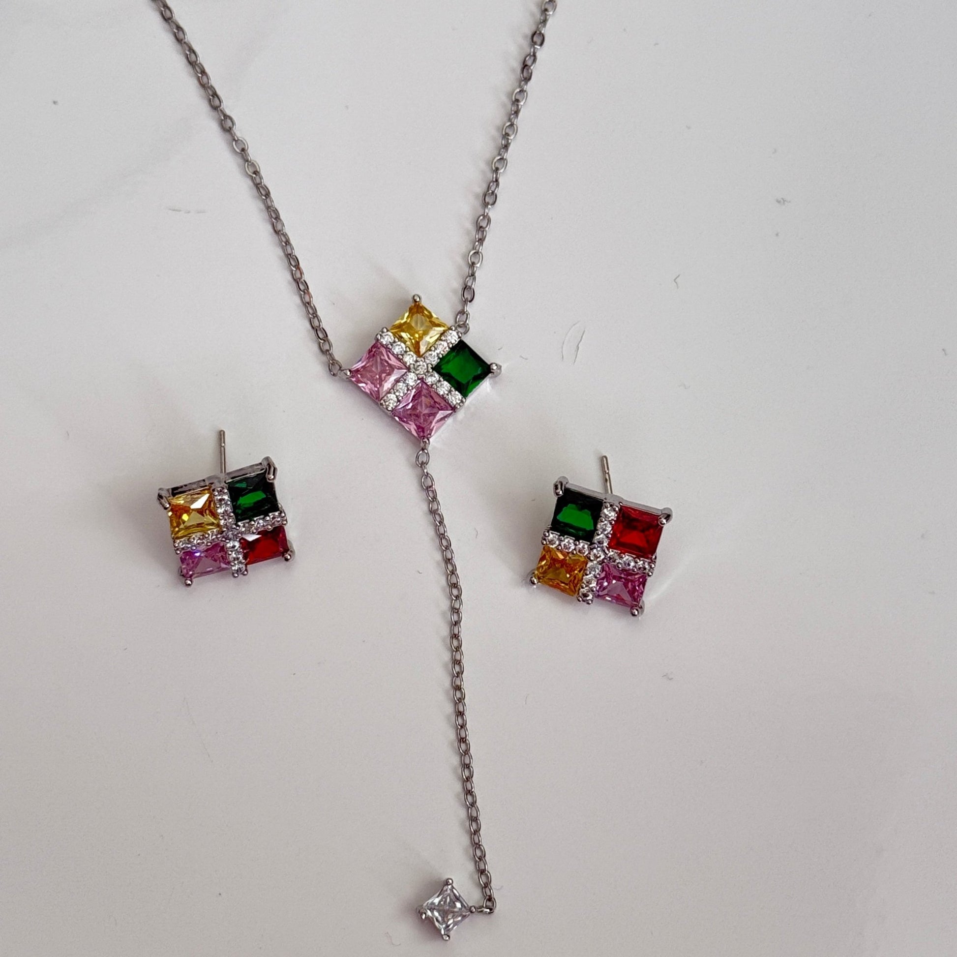 Multicolor Rainbow CZ Stud Necklace Set – Geometric Festive Jewelry - Vinni’s Jewelry