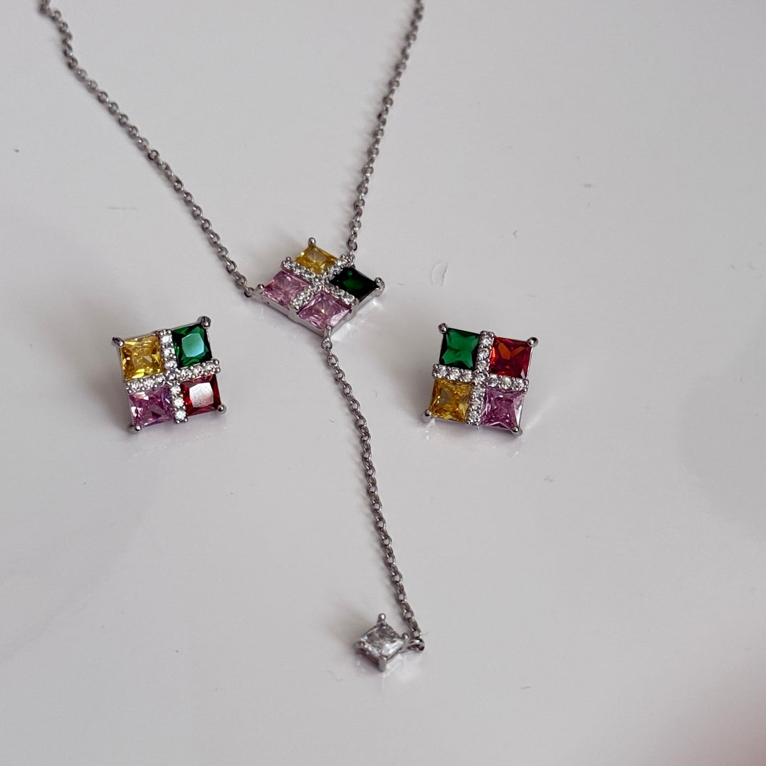 Multicolor Rainbow CZ Stud Necklace Set – Geometric Festive Jewelry - Vinni’s Jewelry