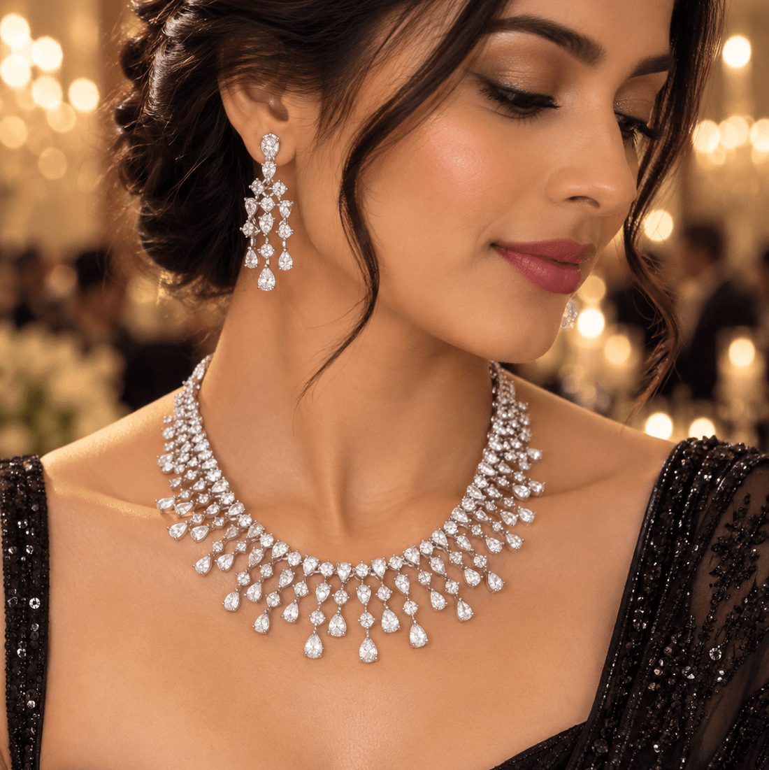 Myra Gold Plated Waterfall CZ Necklace Set – Bridal & Evening Jewelry - Vinni’s Jewelry