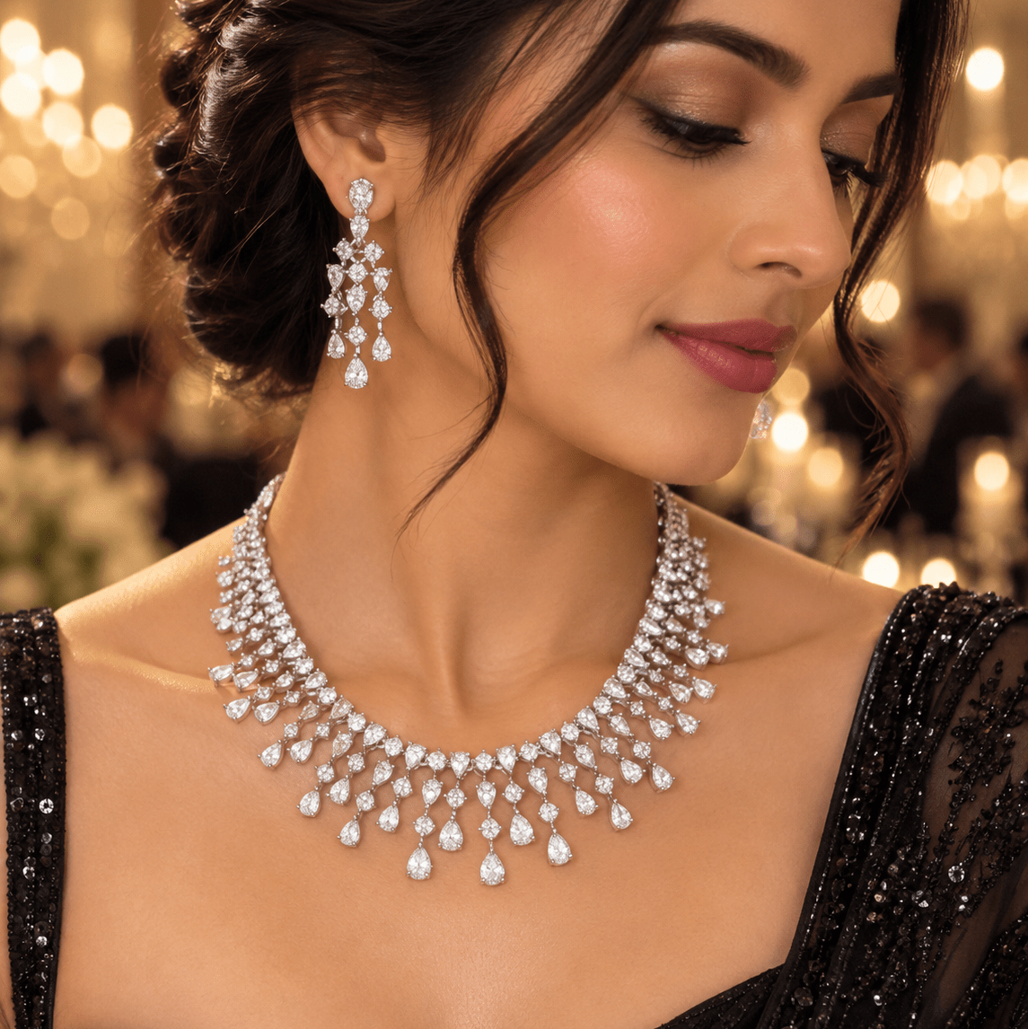Myra Gold Plated Waterfall CZ Necklace Set – Bridal & Evening Jewelry - Vinni’s Jewelry
