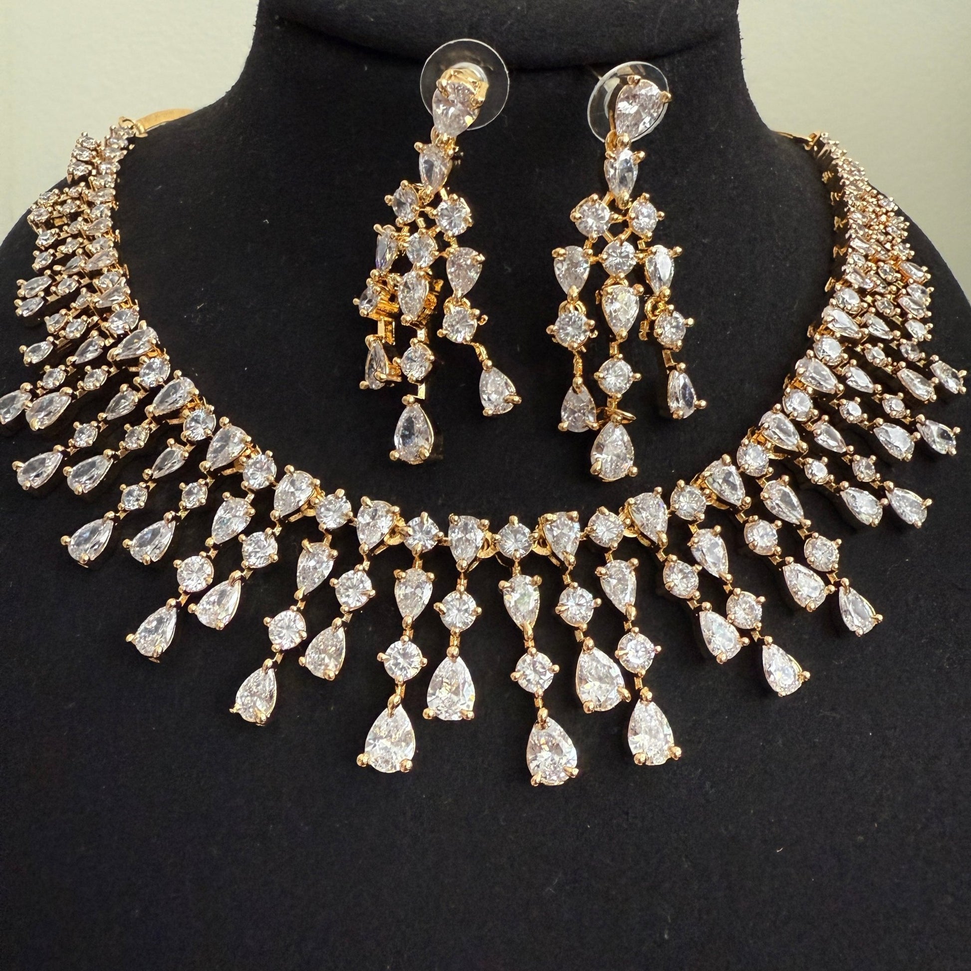 Myra Gold Plated Waterfall CZ Necklace Set – Bridal & Evening Jewelry - Vinni’s Jewelry