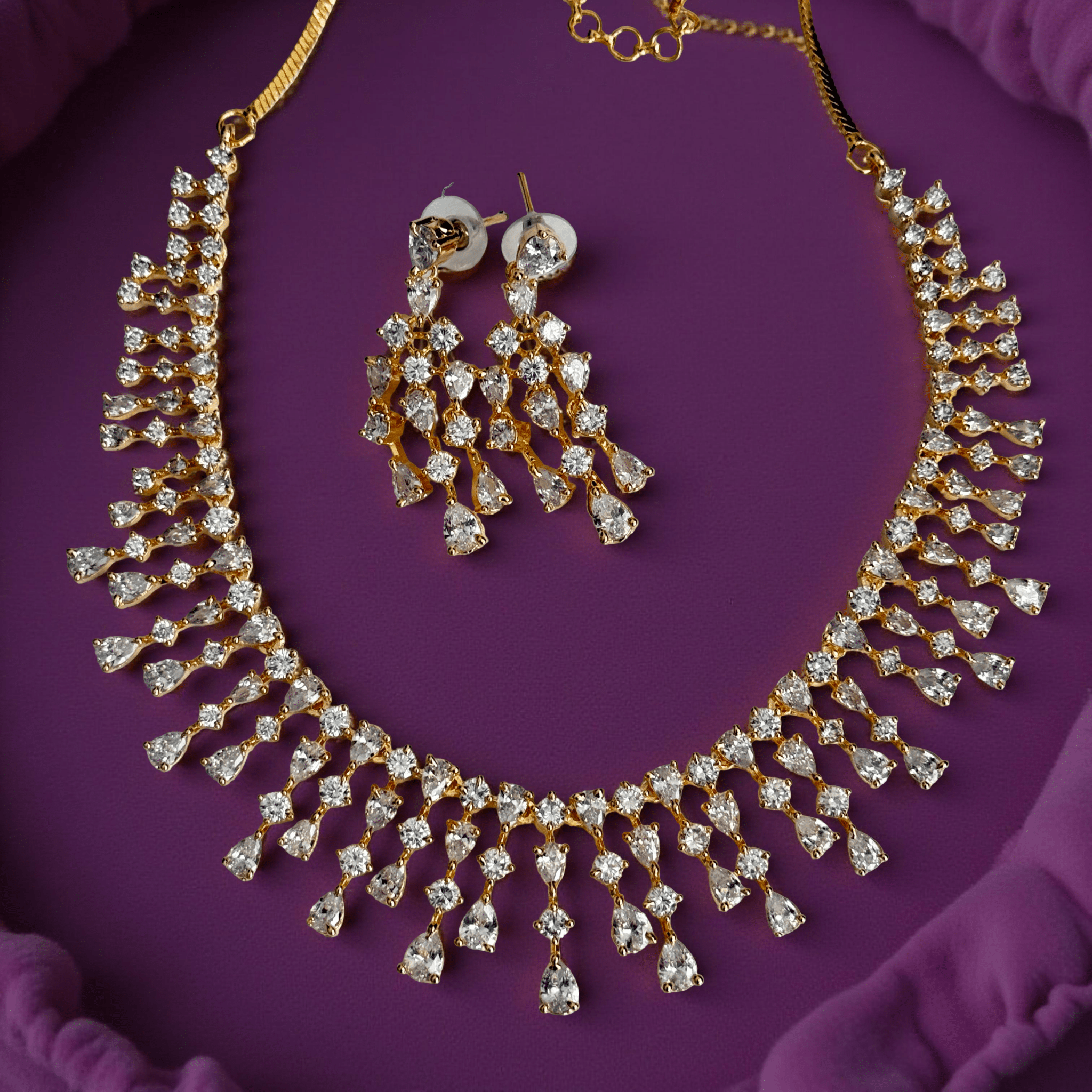 Myra Gold Plated Waterfall CZ Necklace Set – Bridal & Evening Jewelry - Vinni’s Jewelry