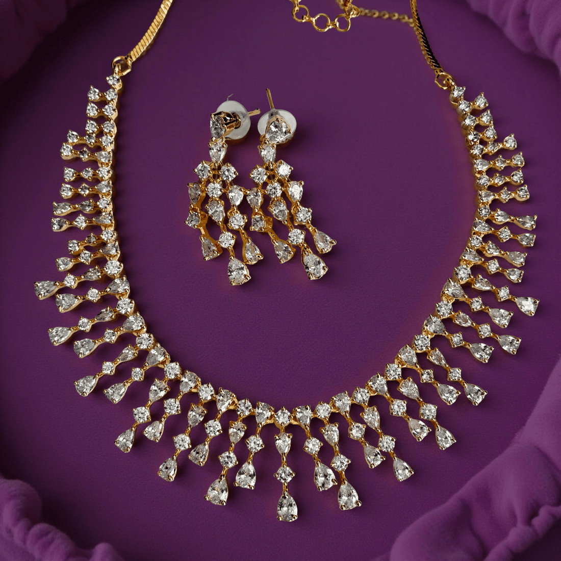 Myra Gold Plated Waterfall CZ Necklace Set – Bridal & Evening Jewelry - Vinni’s Jewelry