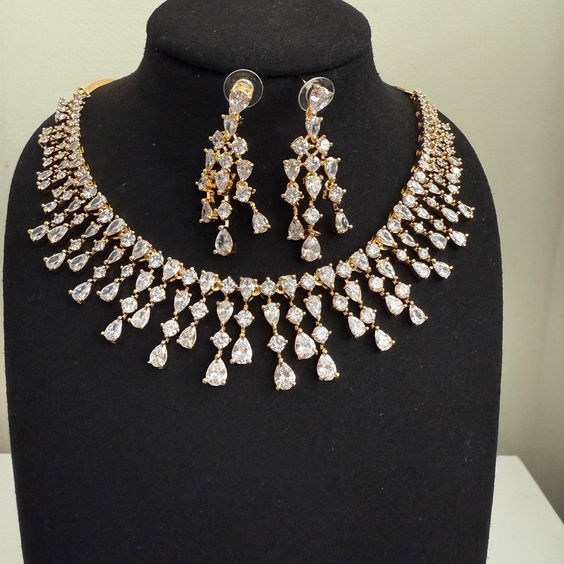 Myra Gold Plated Waterfall CZ Necklace Set – Bridal & Evening Jewelry - Vinni’s Jewelry