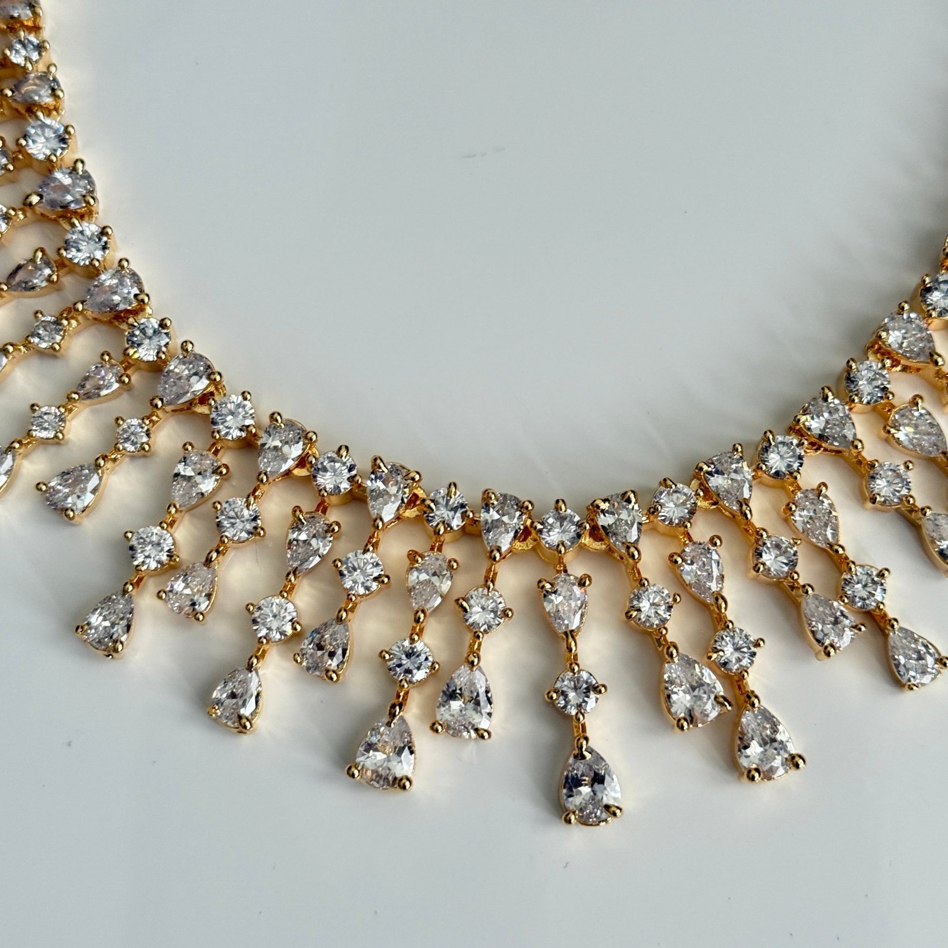 Myra Gold Plated Waterfall CZ Necklace Set – Bridal & Evening Jewelry - Vinni’s Jewelry