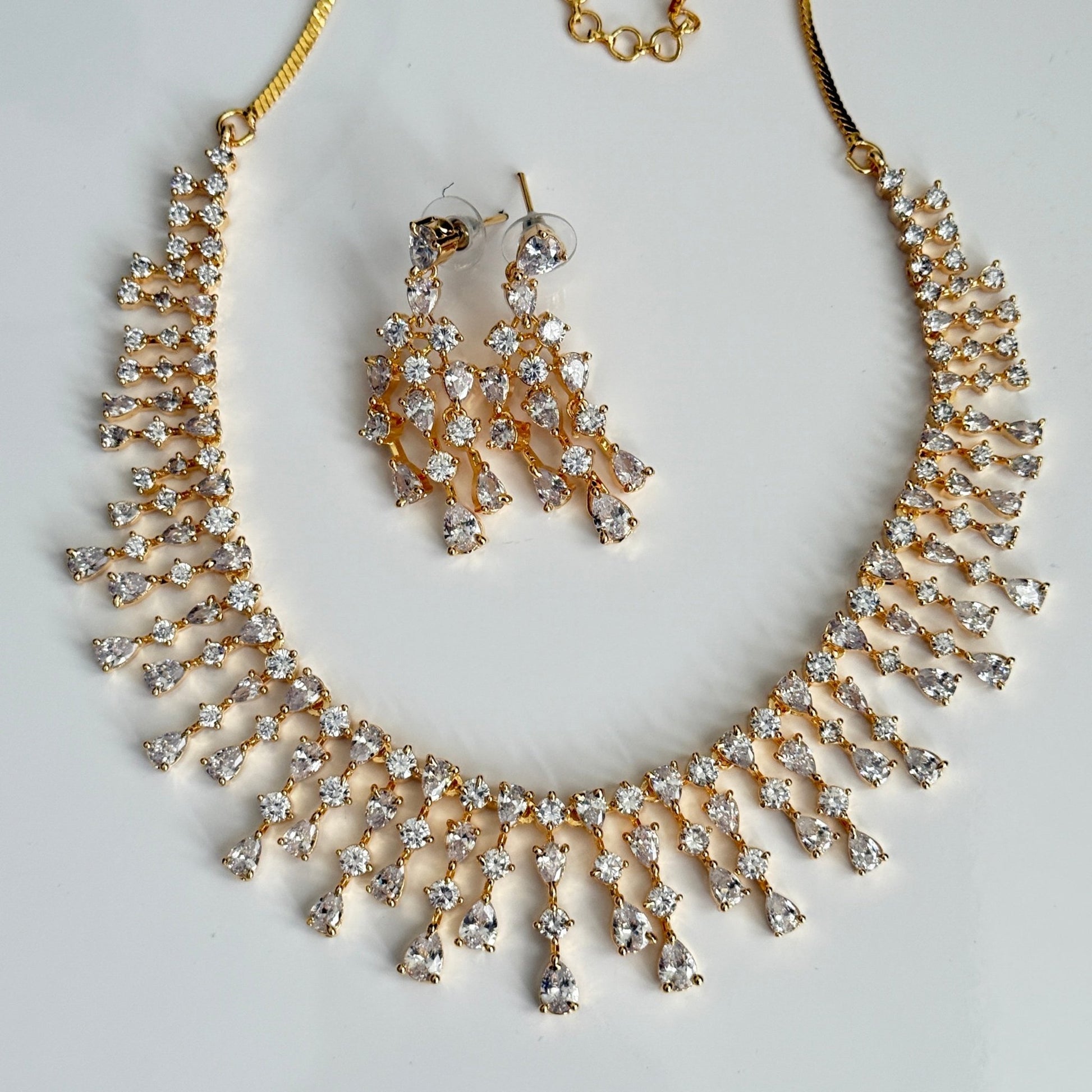 Myra Gold Plated Waterfall CZ Necklace Set – Bridal & Evening Jewelry - Vinni’s Jewelry