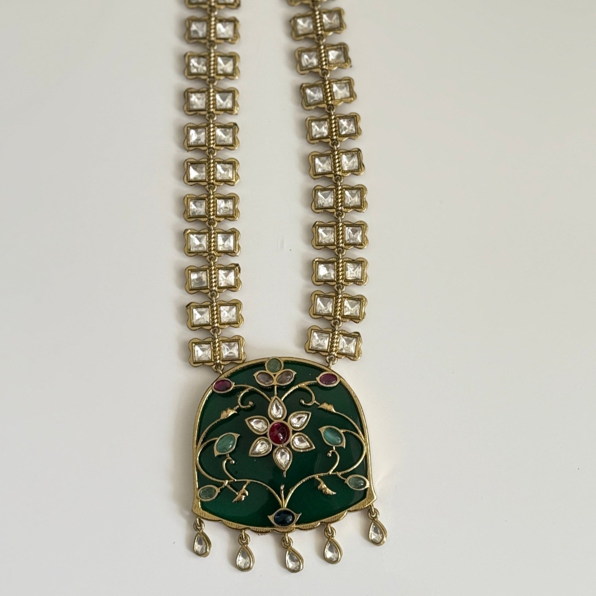 Nizam - Emerald Long Necklace Set – Dual Line Kundan Work - Vinni’s Jewelry