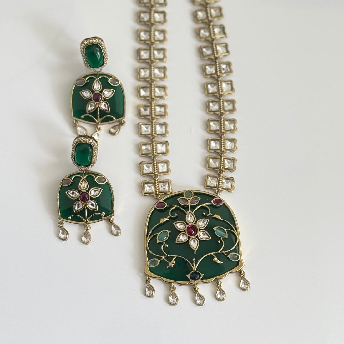 Nizam - Emerald Long Necklace Set – Dual Line Kundan Work - Vinni’s Jewelry
