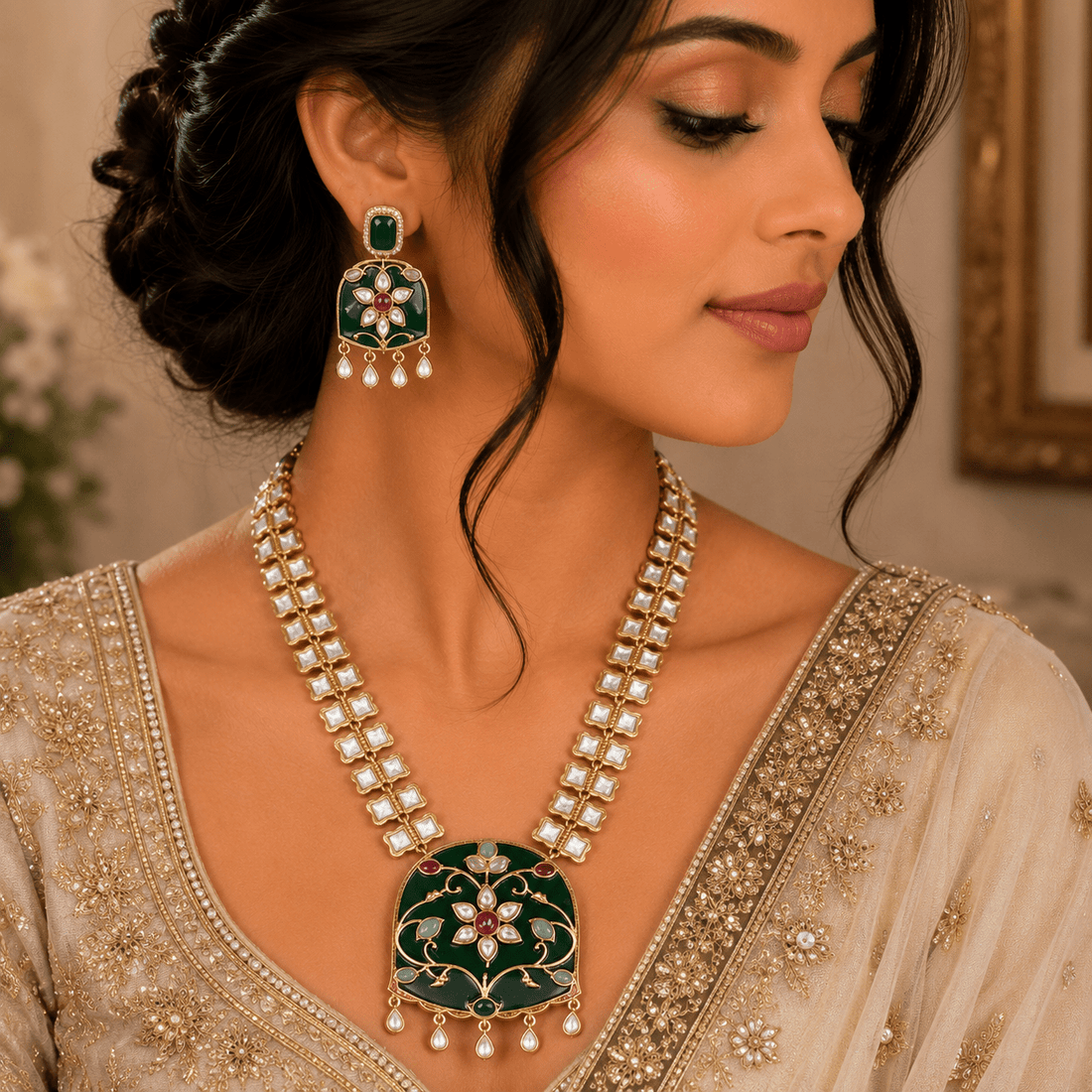 Nizam-Emerald Long Necklace Set – Dual Line Kundan Work - Vinni’s Jewelry
