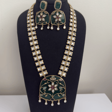 Nizam - Emerald Long Necklace Set – Dual Line Kundan Work - Vinni’s Jewelry