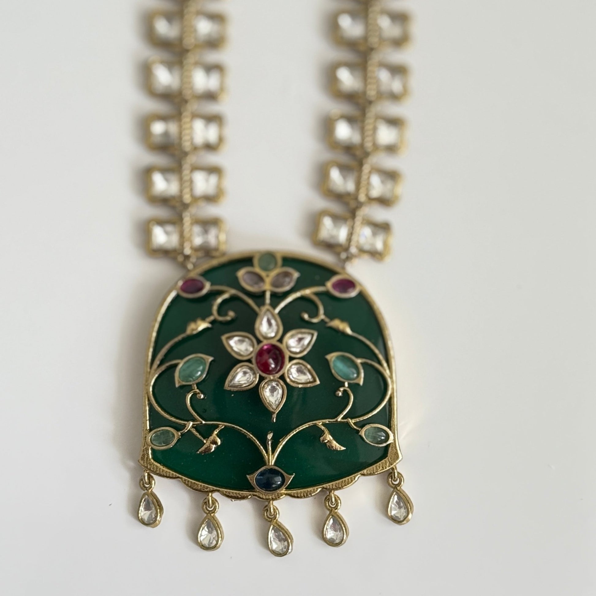 Nizam - Emerald Long Necklace Set – Dual Line Kundan Work - Vinni’s Jewelry