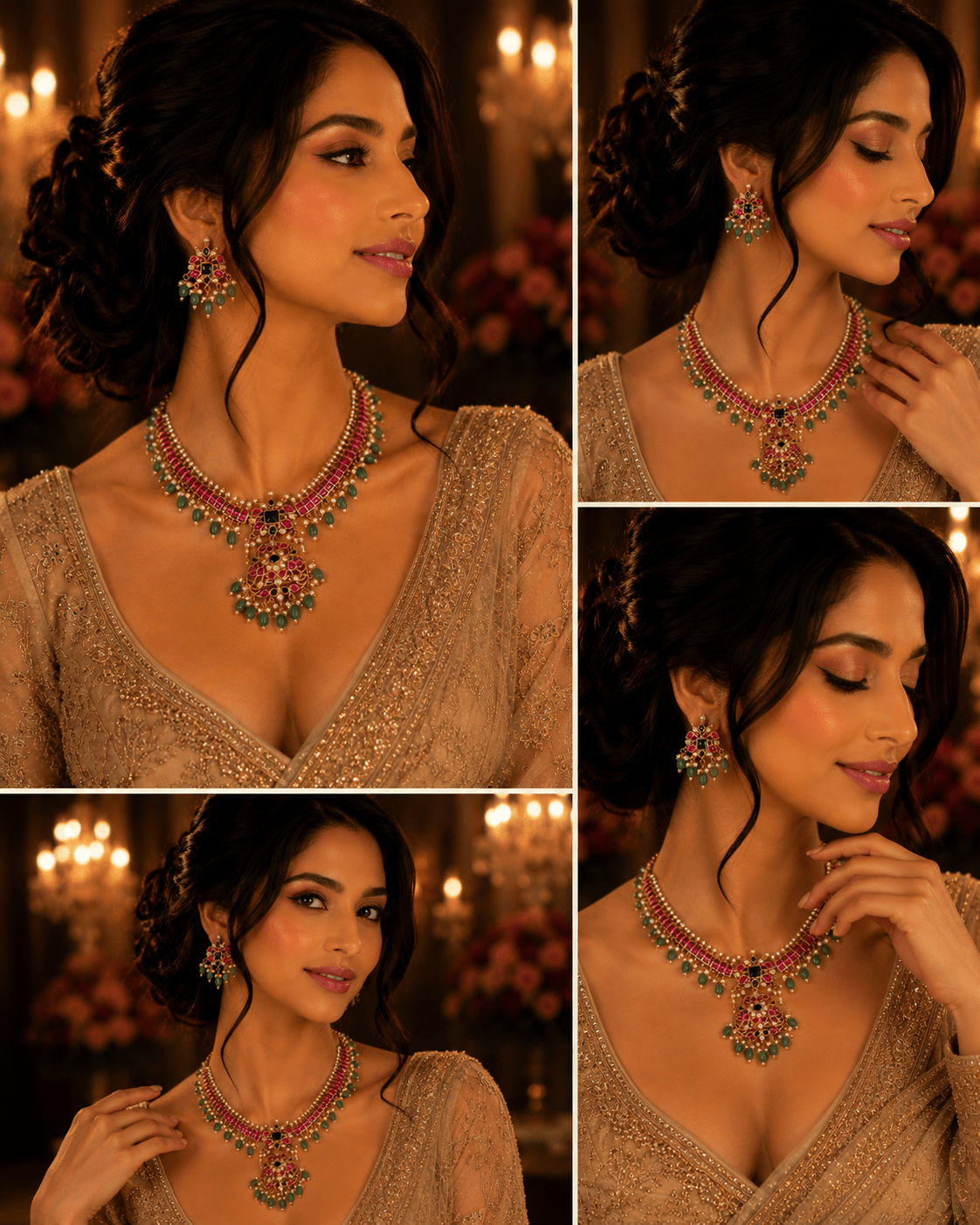 Noor Gulabi Emerald Bridal Choker Set with Pendant - Vinni’s Jewelry