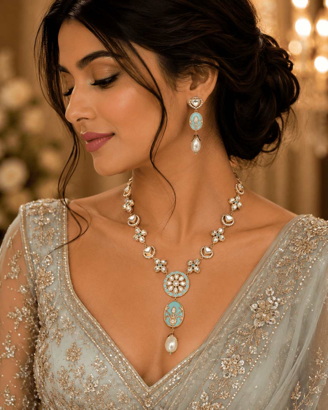 Noor Pistachio Enamel Kundan Set - Vinni’s Jewelry