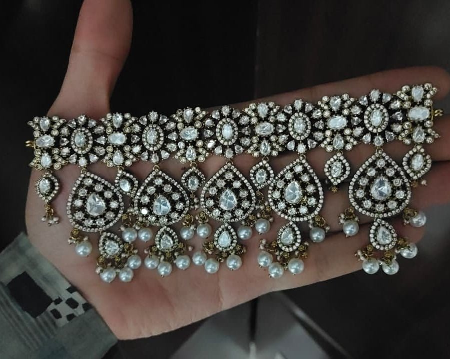 Noorani Pearl Choker Set | Antique Polki Choker Necklace with Pearl Drops - Vinni’s Jewelry
