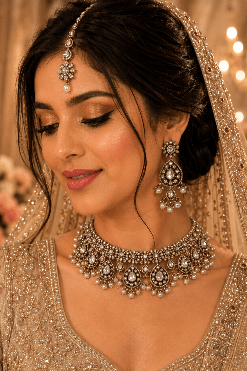 Noorani Pearl Choker Set | Antique Polki Choker Necklace with Pearl Drops - Vinni’s Jewelry