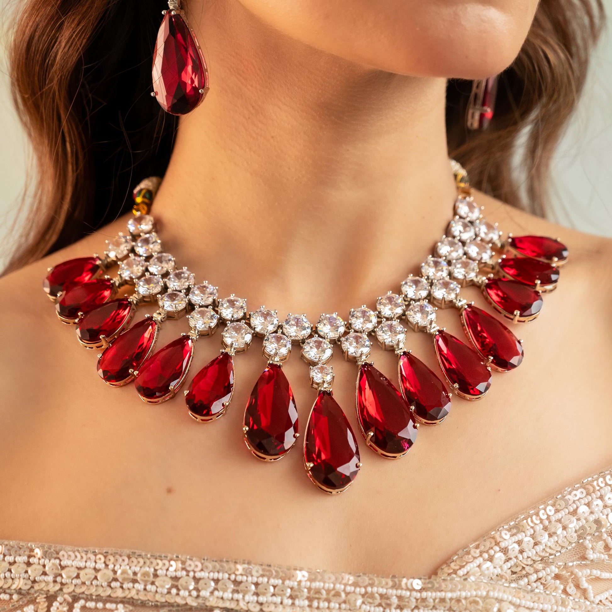 Crimson Royalty Ruby Necklace Set – Bridal Partywear Statement