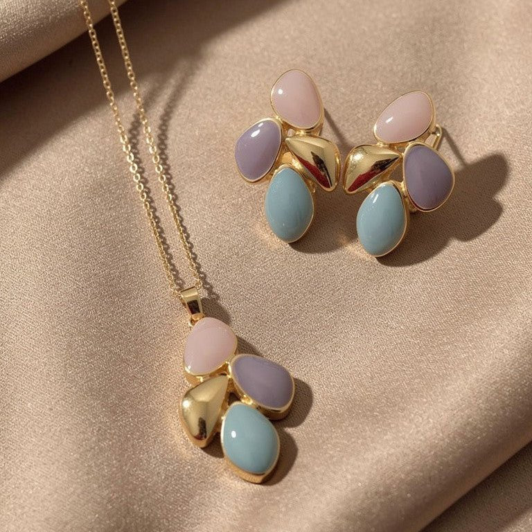 Pastel Blossom Trio - Multicolor Stone Pendant and Earring Set - Vinni’s Jewelry