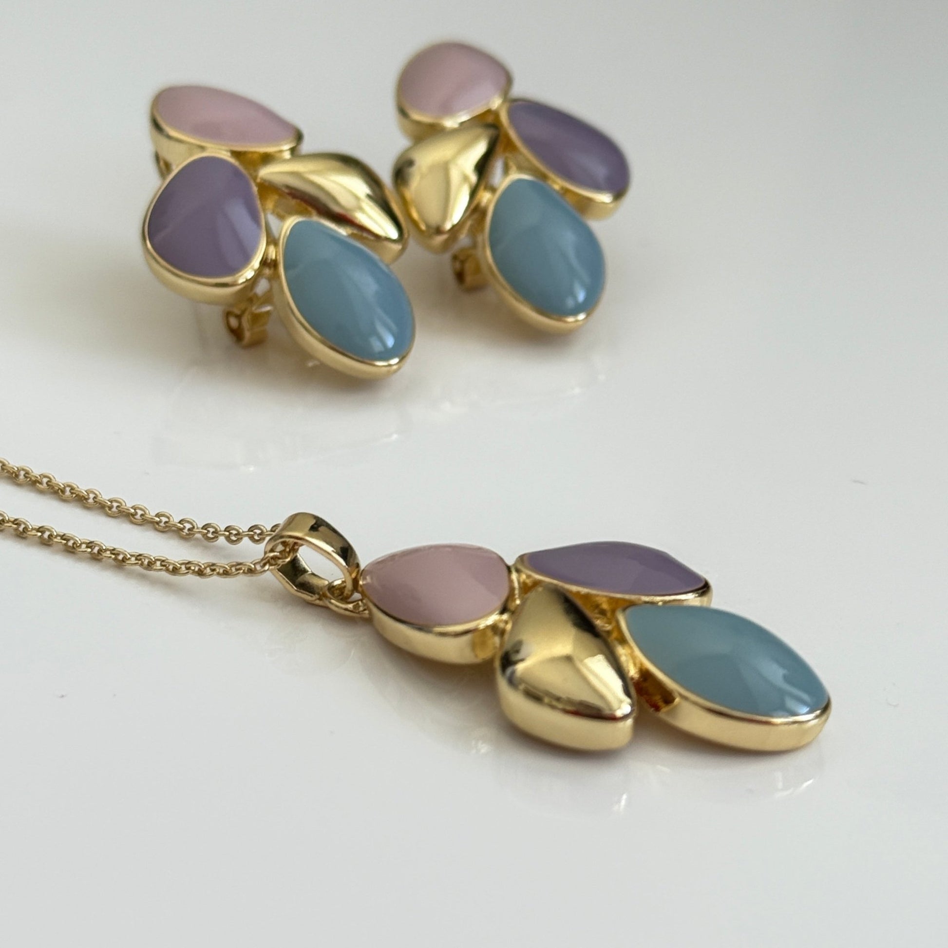 Pastel Blossom Trio - Multicolor Stone Pendant and Earring Set - Vinni’s Jewelry