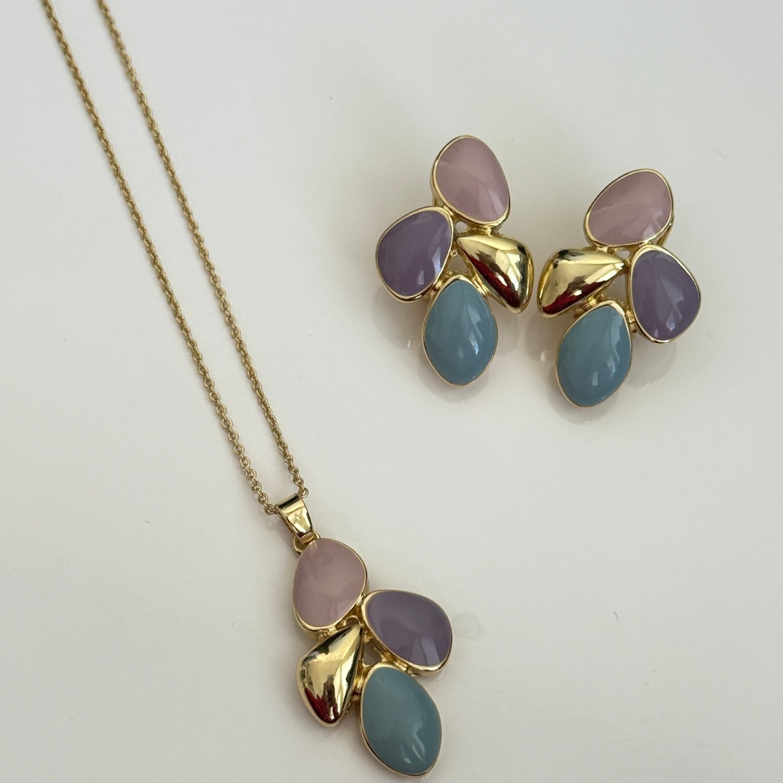 Pastel Blossom Trio - Multicolor Stone Pendant and Earring Set - Vinni’s Jewelry