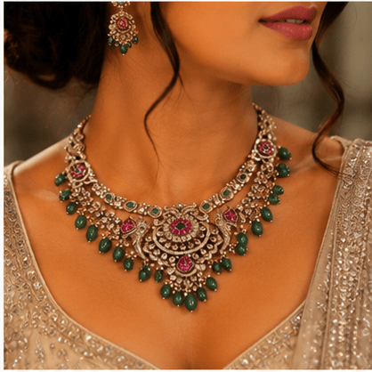 Peacock Garden Temple Necklace Set - Vinni’s Jewelry