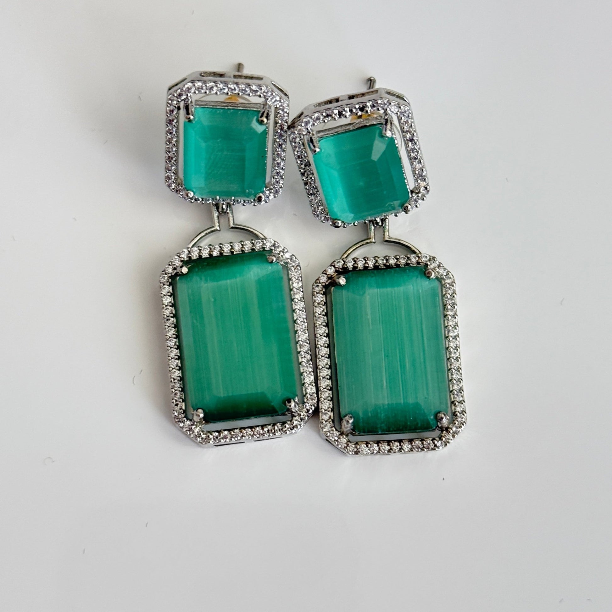 Pista Green Luxe Drop Earrings – Silver - Framed Statement Studs - Vinni’s Jewelry