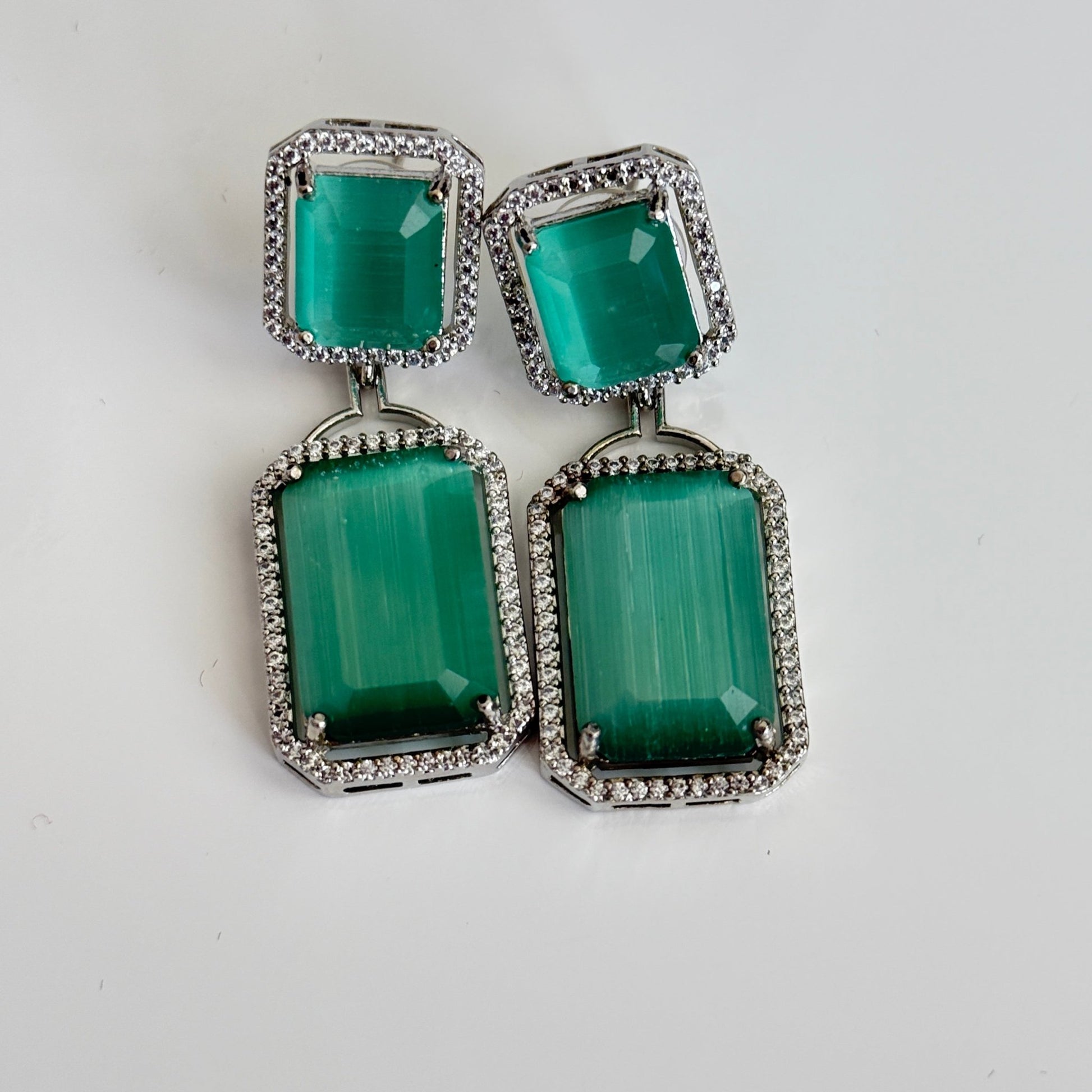 Pista Green Luxe Drop Earrings – Silver - Framed Statement Studs - Vinni’s Jewelry