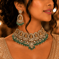 Polki Goddess Laxmi Temple Choker Set – Bridal South Indian Jewelry with Green Beads - Vinni’s Jewelry