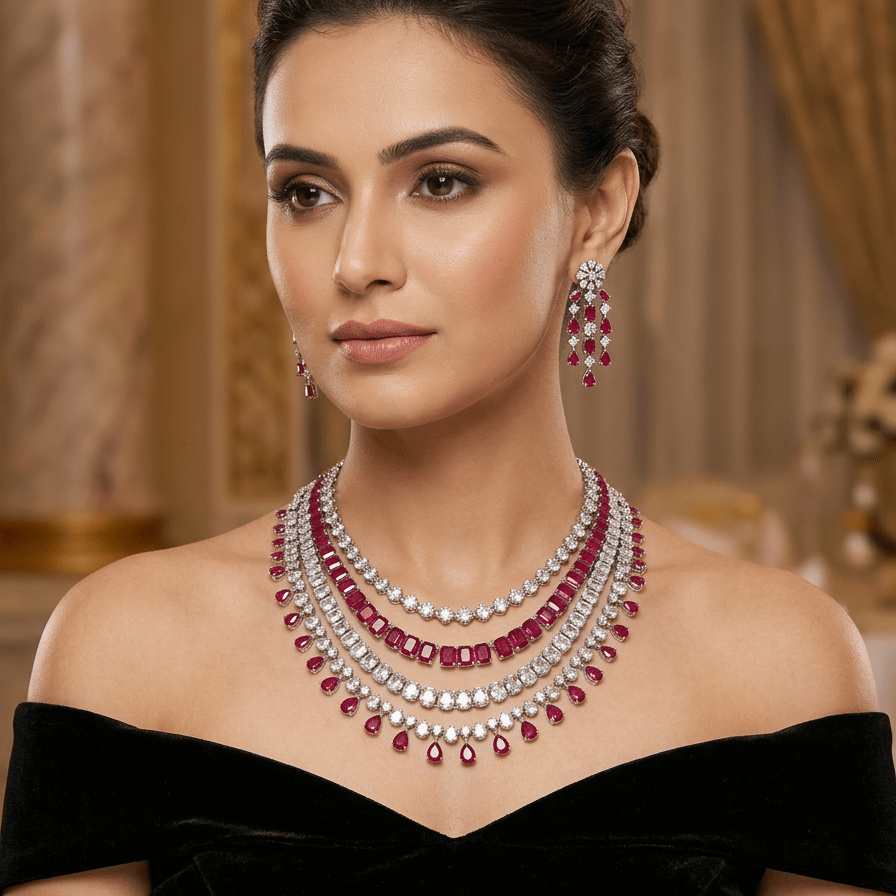 Ravina Ruby Layered Crystal Necklace Set - Vinni’s Jewelry
