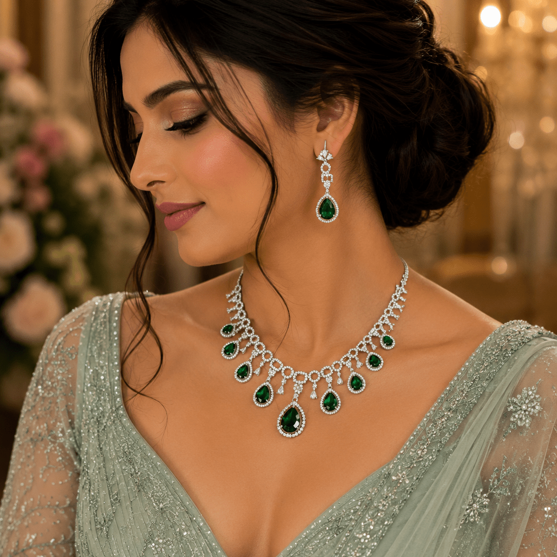 Regal Emerald Drop Necklace Set – American Diamond CZ Finish - Vinni’s Jewelry