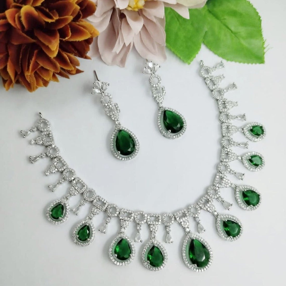 Regal Emerald Drop Necklace Set – American Diamond CZ Finish - Vinni’s Jewelry