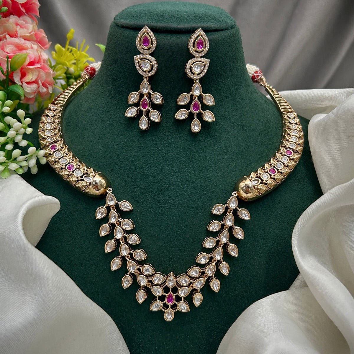 Regal Leaffall Necklace Set – Ruby Kundan Elegance - Vinni’s Jewelry