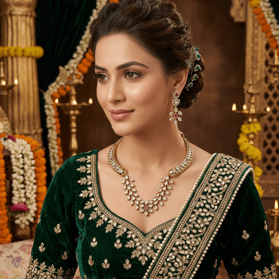 Regal Leaffall Necklace Set – Ruby Kundan Elegance - Vinni’s Jewelry