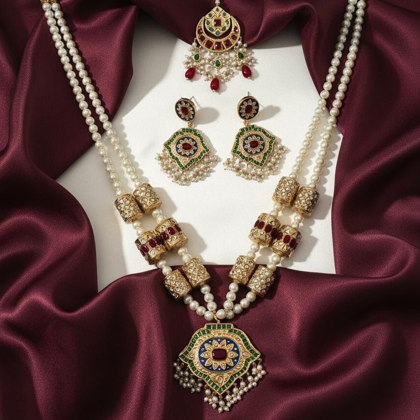 Regal Pearl Kundan Meenakari Set – Multicolor Enamel with Jhumar Maang Tikka - Vinni’s Jewelry