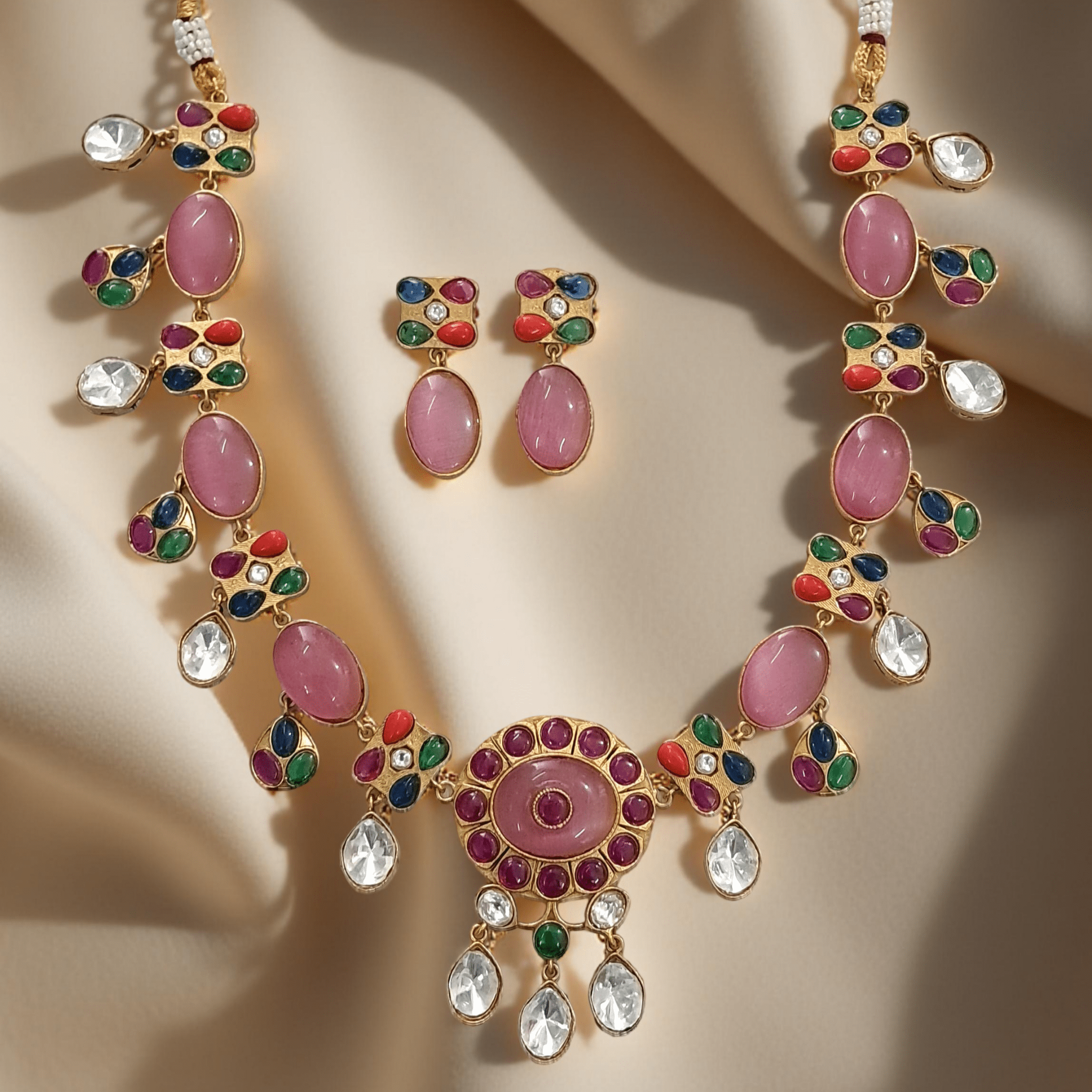 Ridhima Matt Gold Multicolor Stone Necklace Set – Traditional Bridal Jewelry - Vinni’s Jewelry