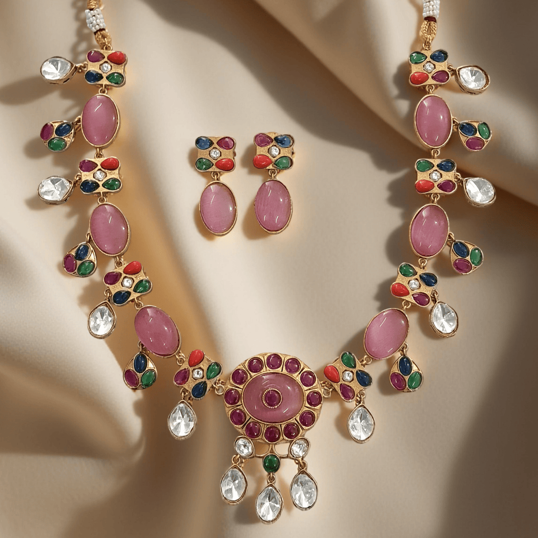 Ridhima Matt Gold Multicolor Stone Necklace Set – Traditional Bridal Jewelry - Vinni’s Jewelry