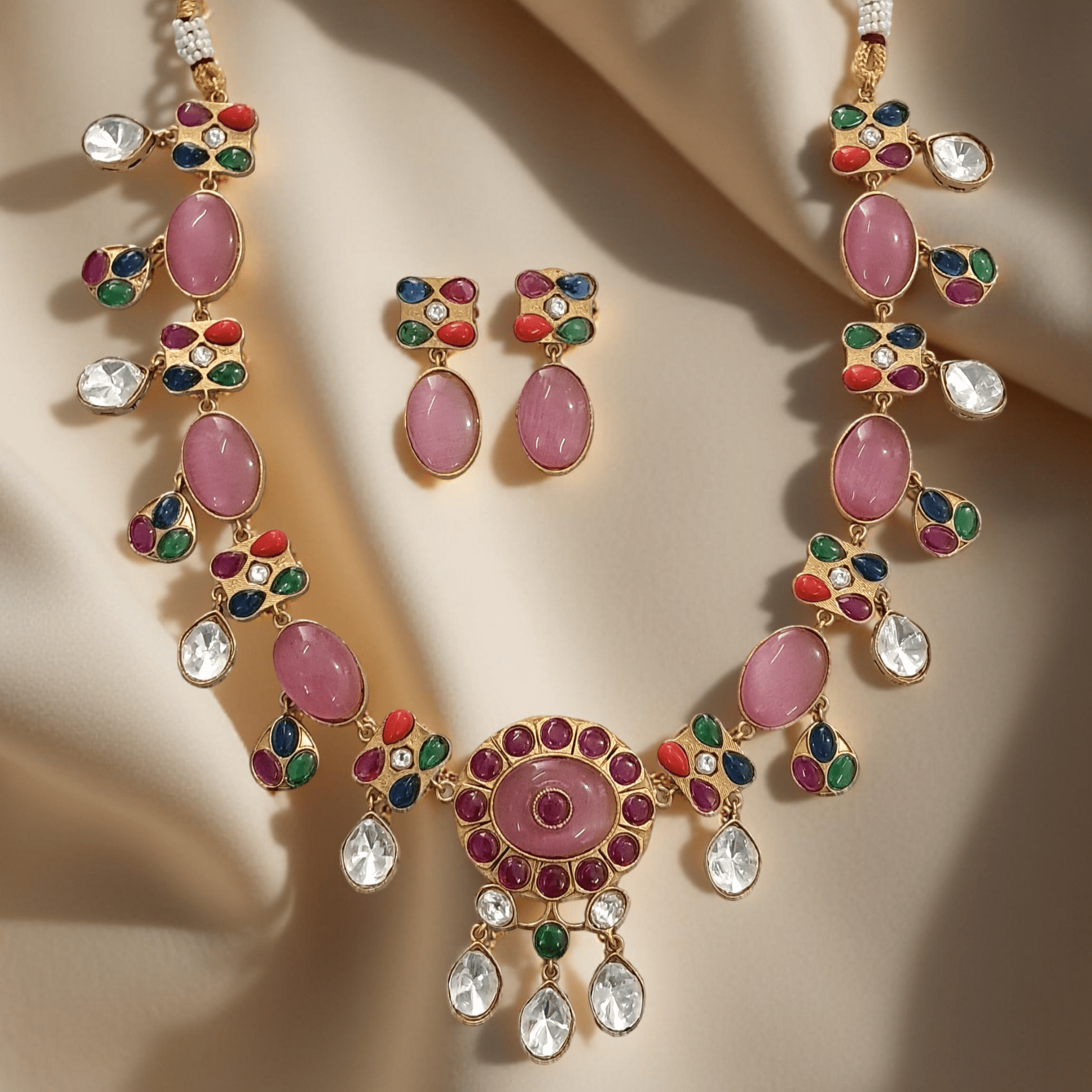 Ridhima Matt Gold Multicolor Stone Necklace Set – Traditional Bridal Jewelry - Vinni’s Jewelry