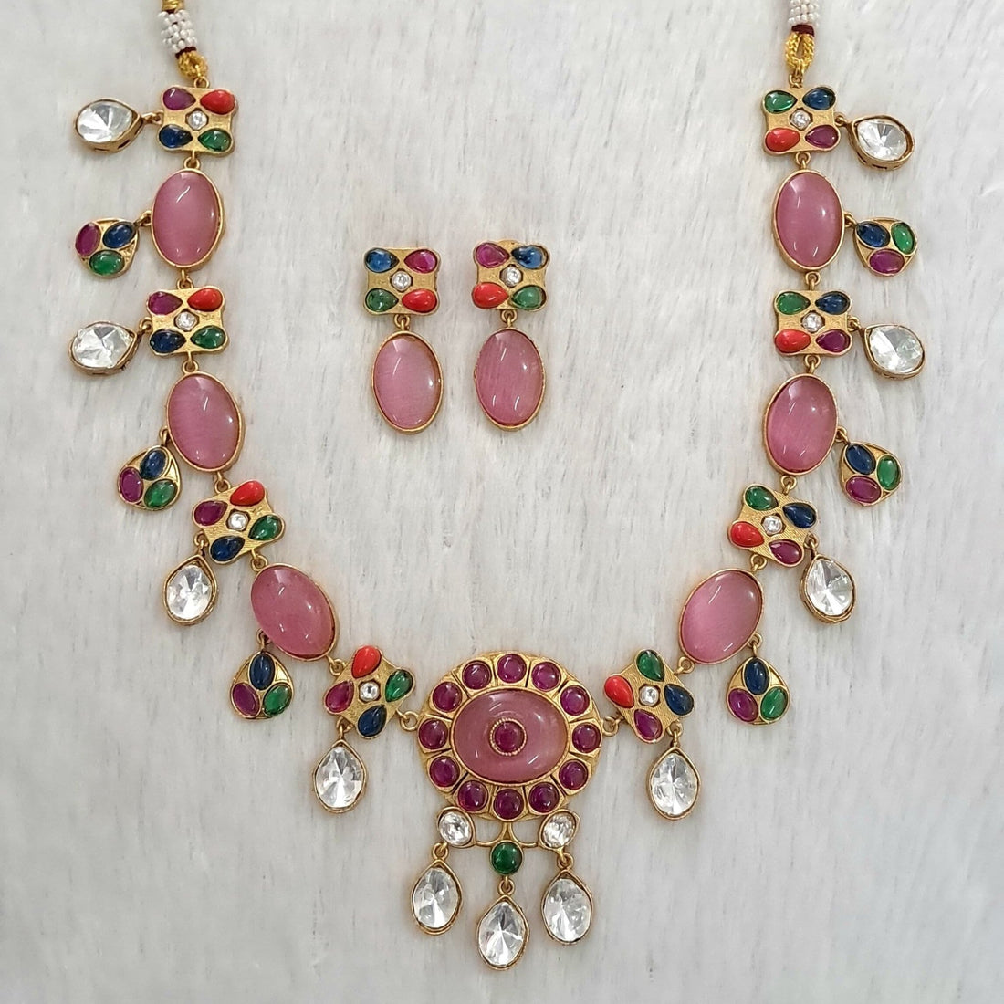 Ridhima Matt Gold Multicolor Stone Necklace Set – Traditional Bridal Jewelry - Vinni’s Jewelry