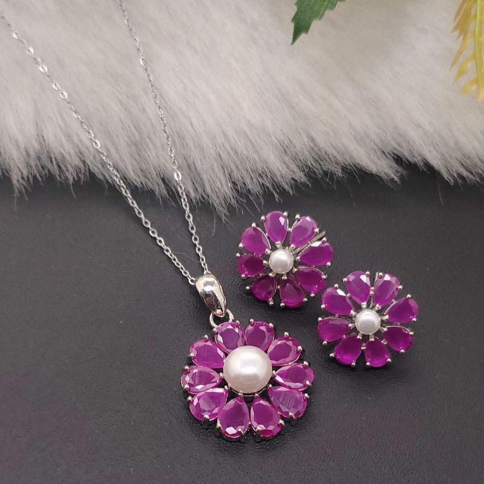 Rosy Bloom Pendant Set – Pink CZ Floral Jewelry with Pearl Center - Vinni’s Jewelry