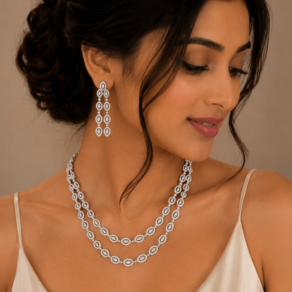 Royal Double - Layer American Diamond Long Necklace Set - Vinni’s Jewelry